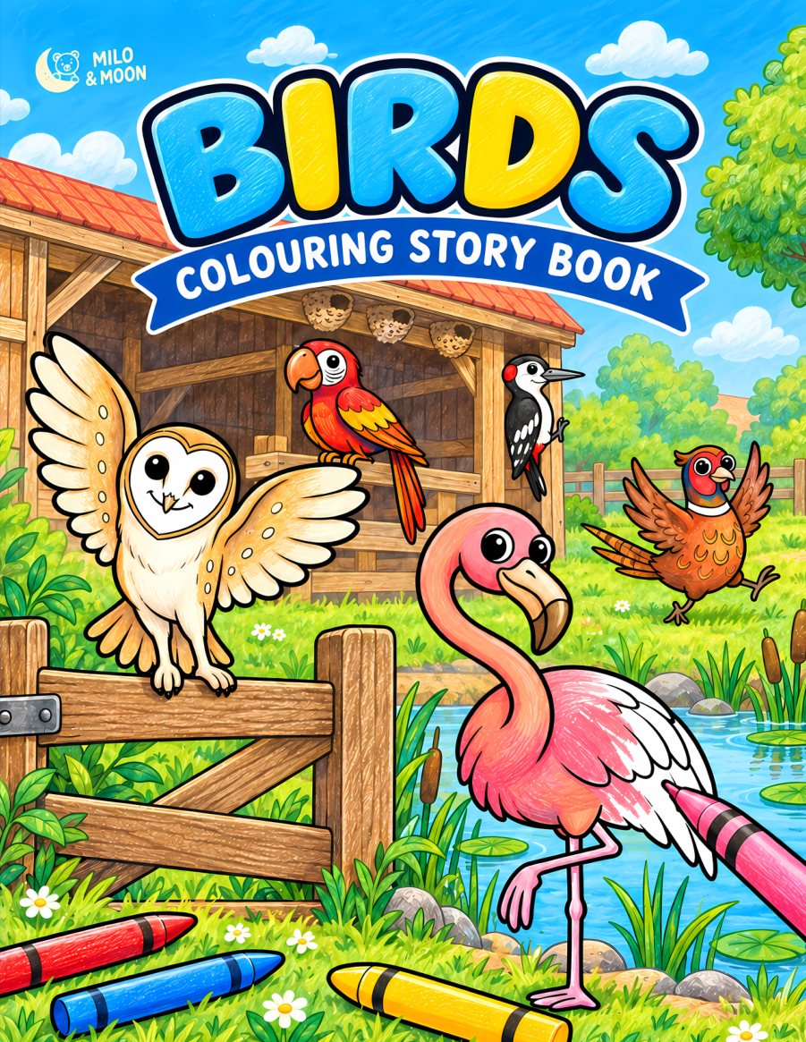 Birds, a colouring story book