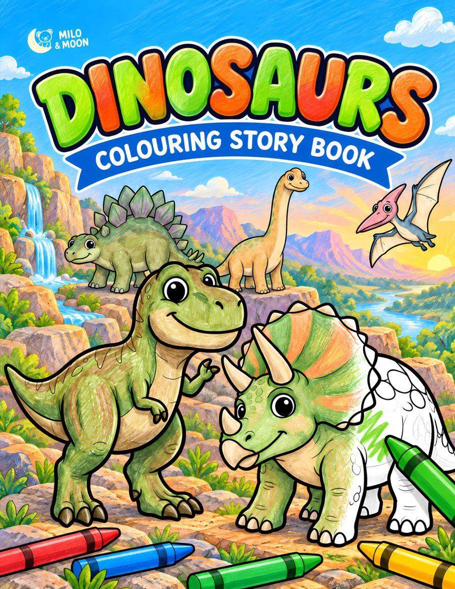 Dinosaurs, a colouring story book