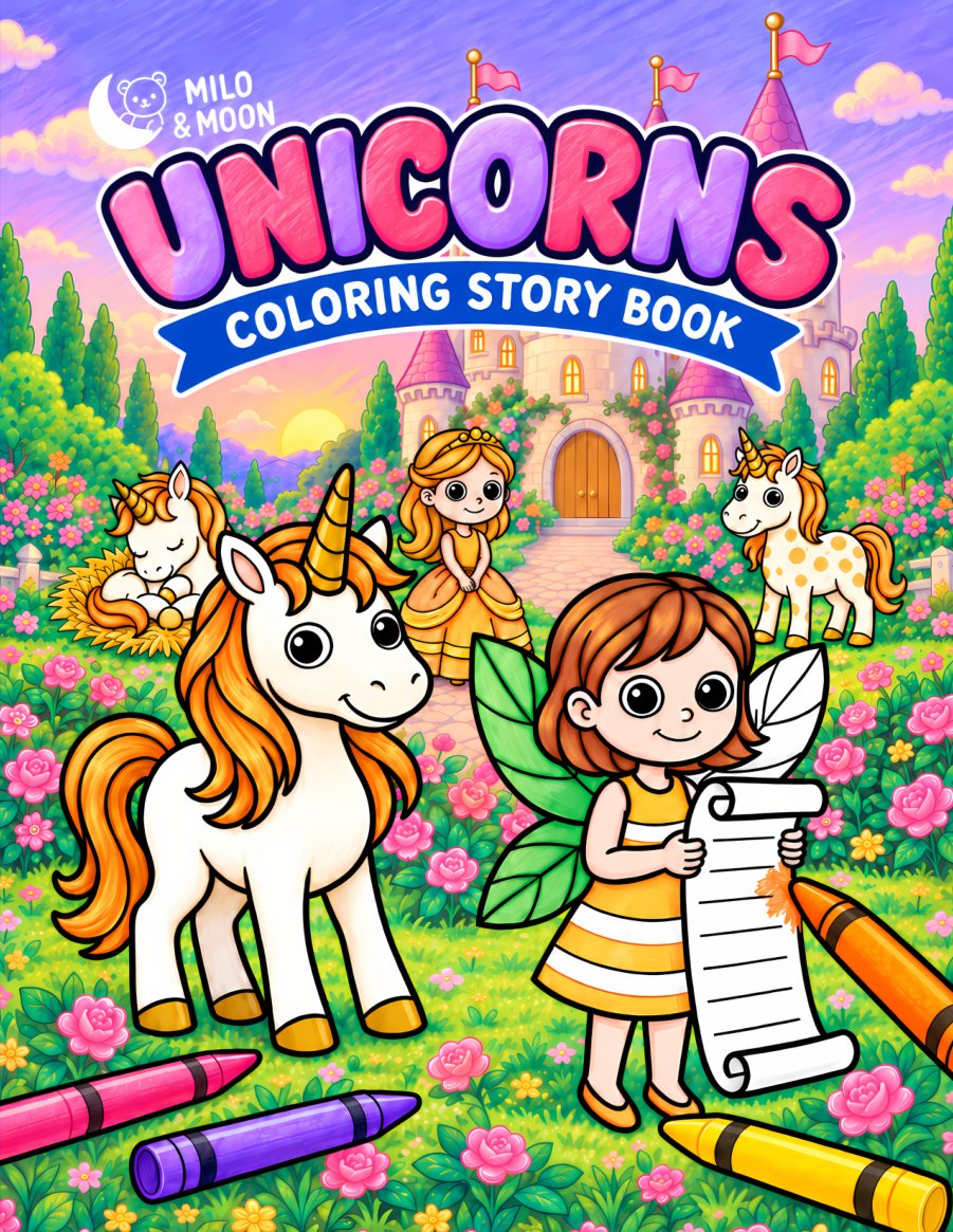 Unicorns, a coloring story book