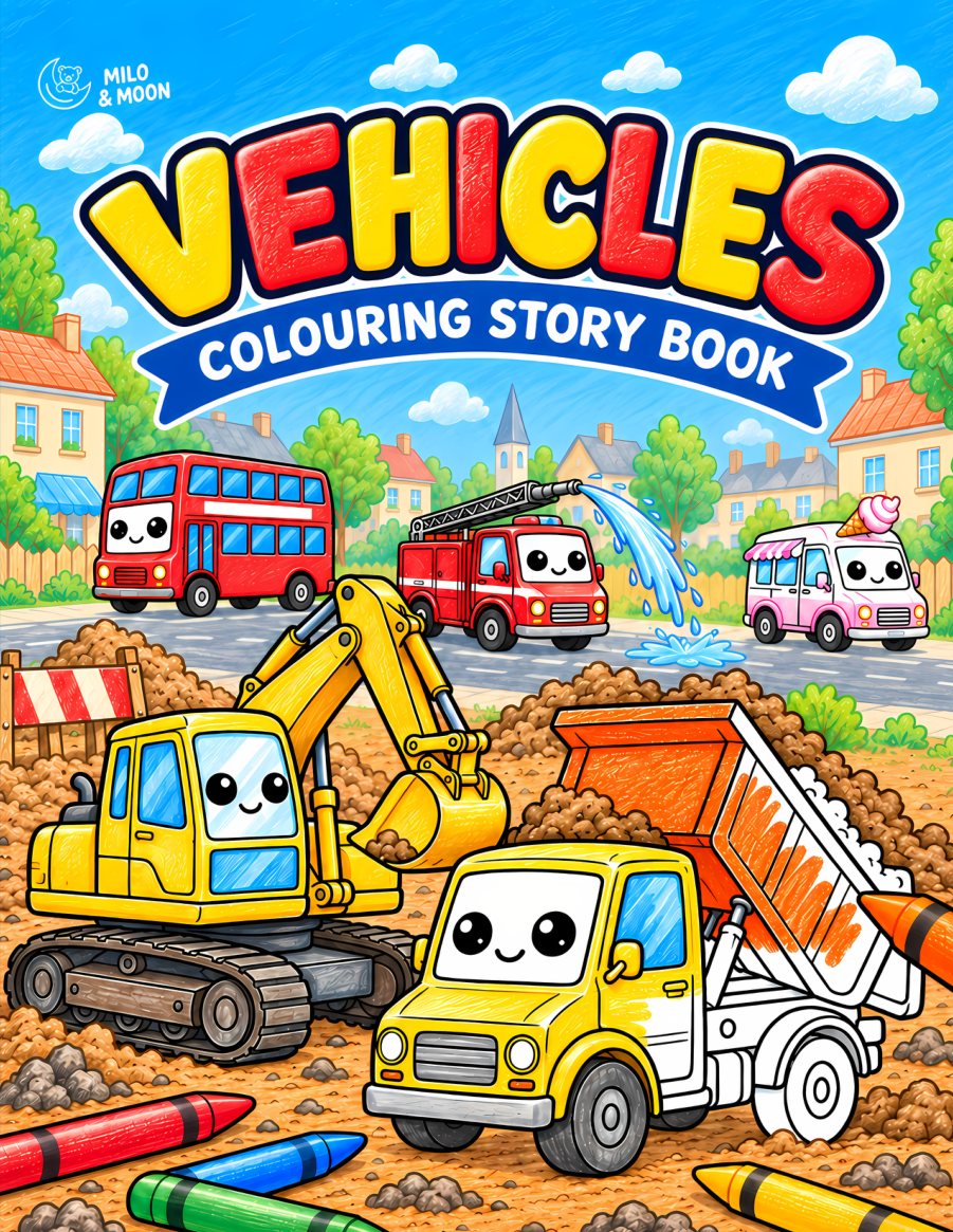 Vehicles, a colouring story book