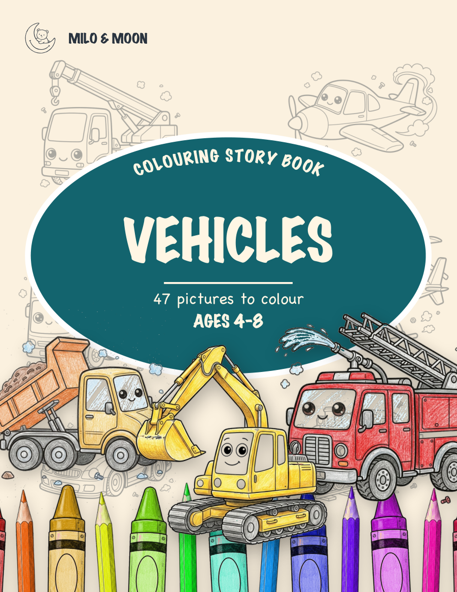 Vehicles, a colouring story book