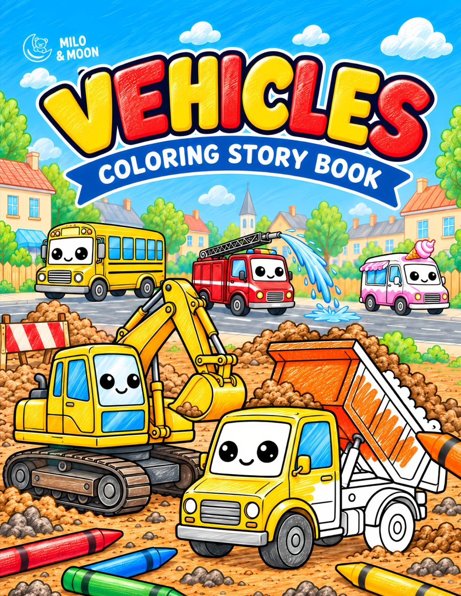Vehicles, a coloring story book