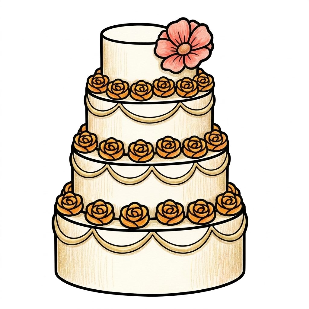 A tiered cake with golden roses from Unicorns, coloured in
