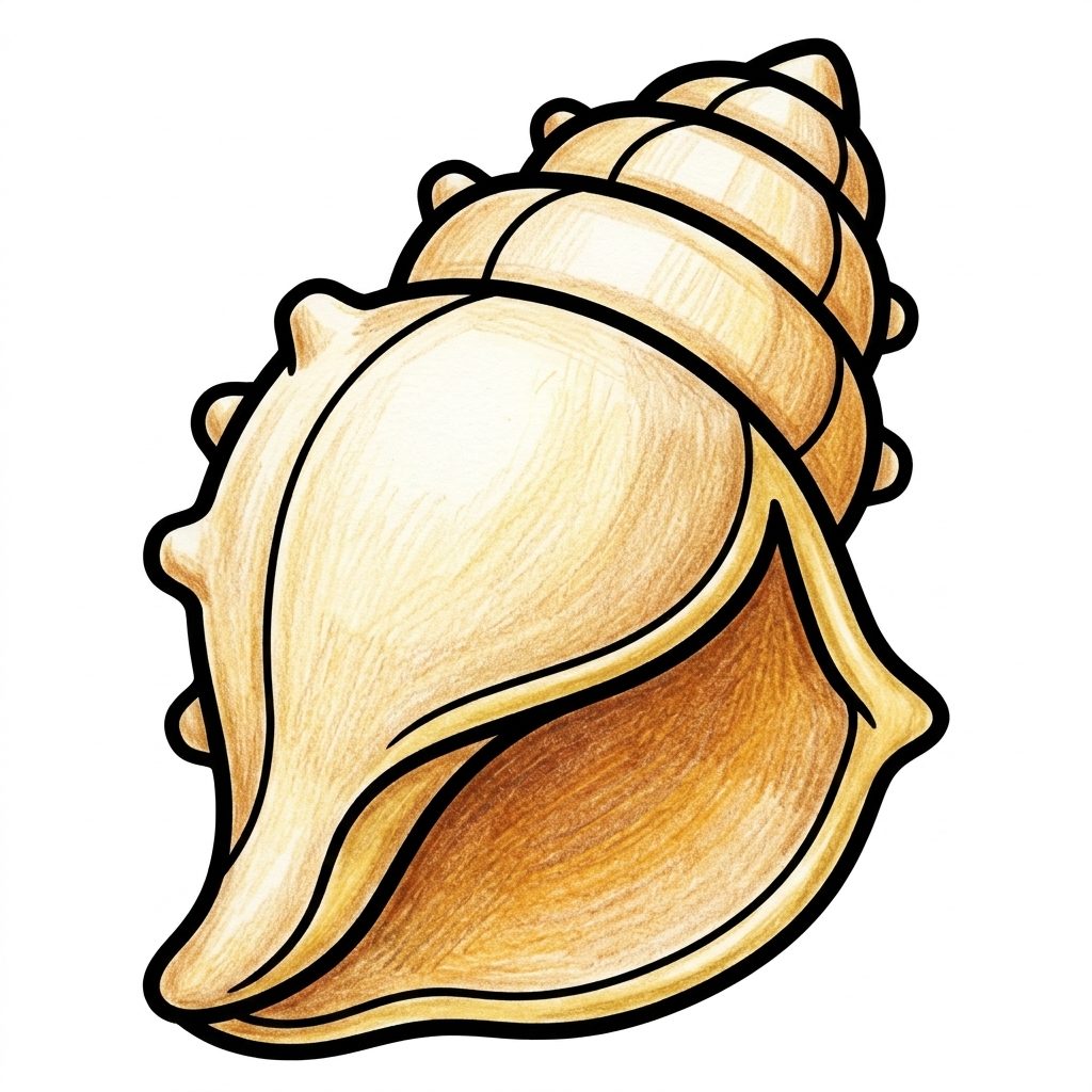 A cream and gold conch shell from Mermaids, coloured in