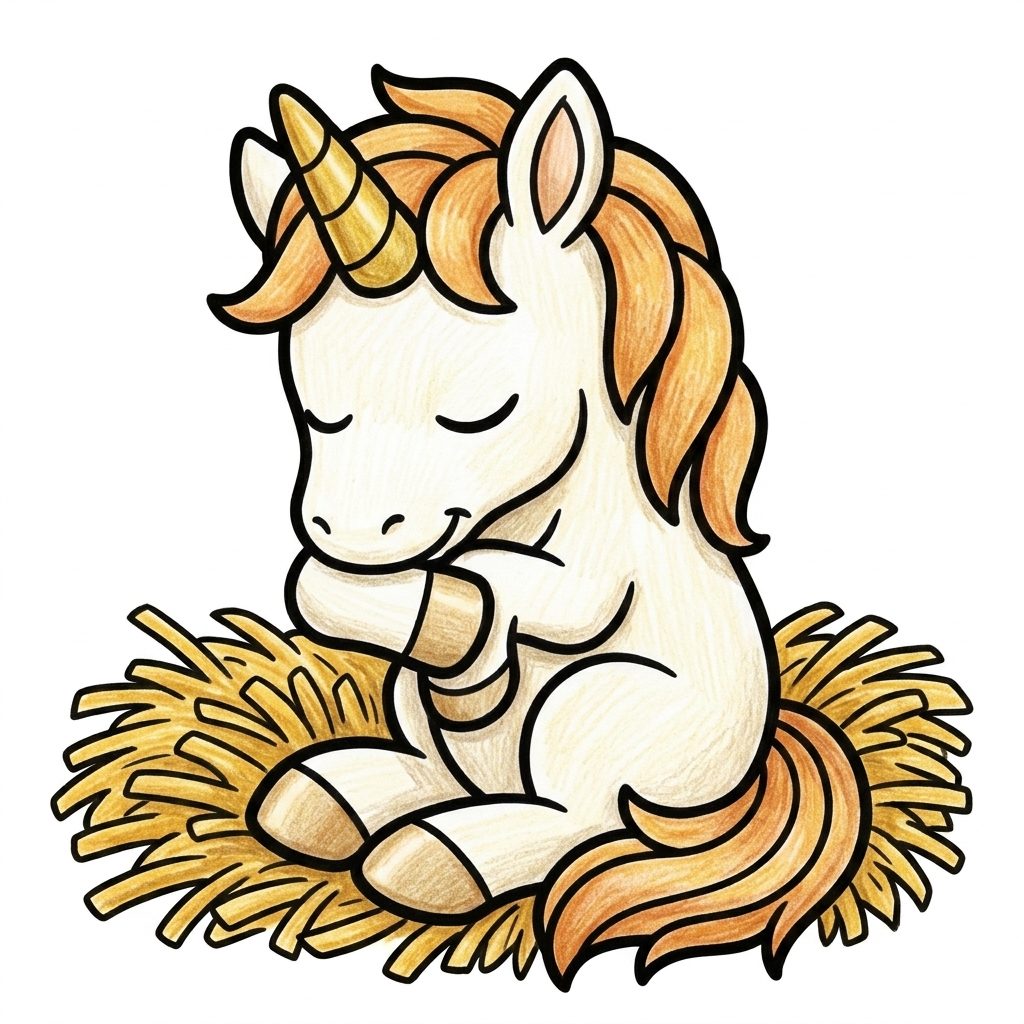 A sleeping unicorn foal on golden straw from Unicorns, coloured in