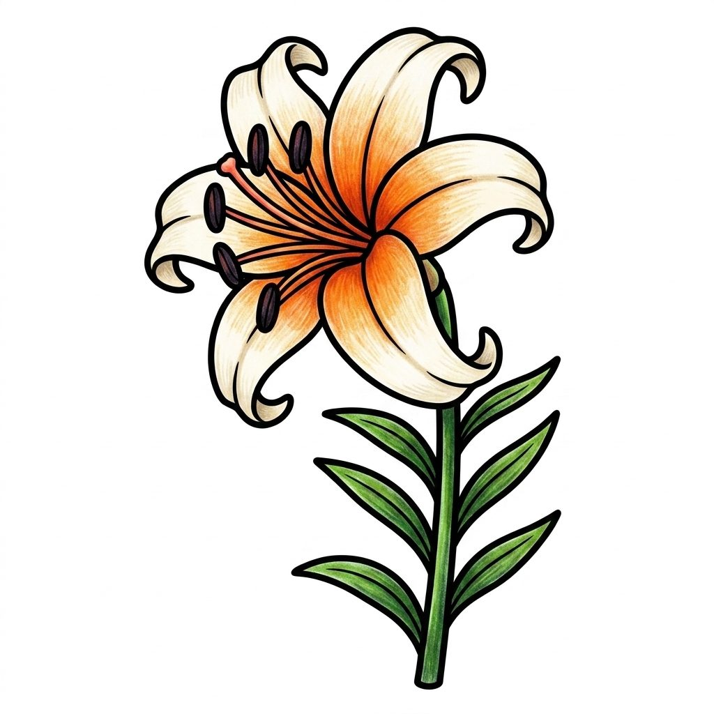 A cream lily with an orange centre from Butterflies & Flowers, coloured in