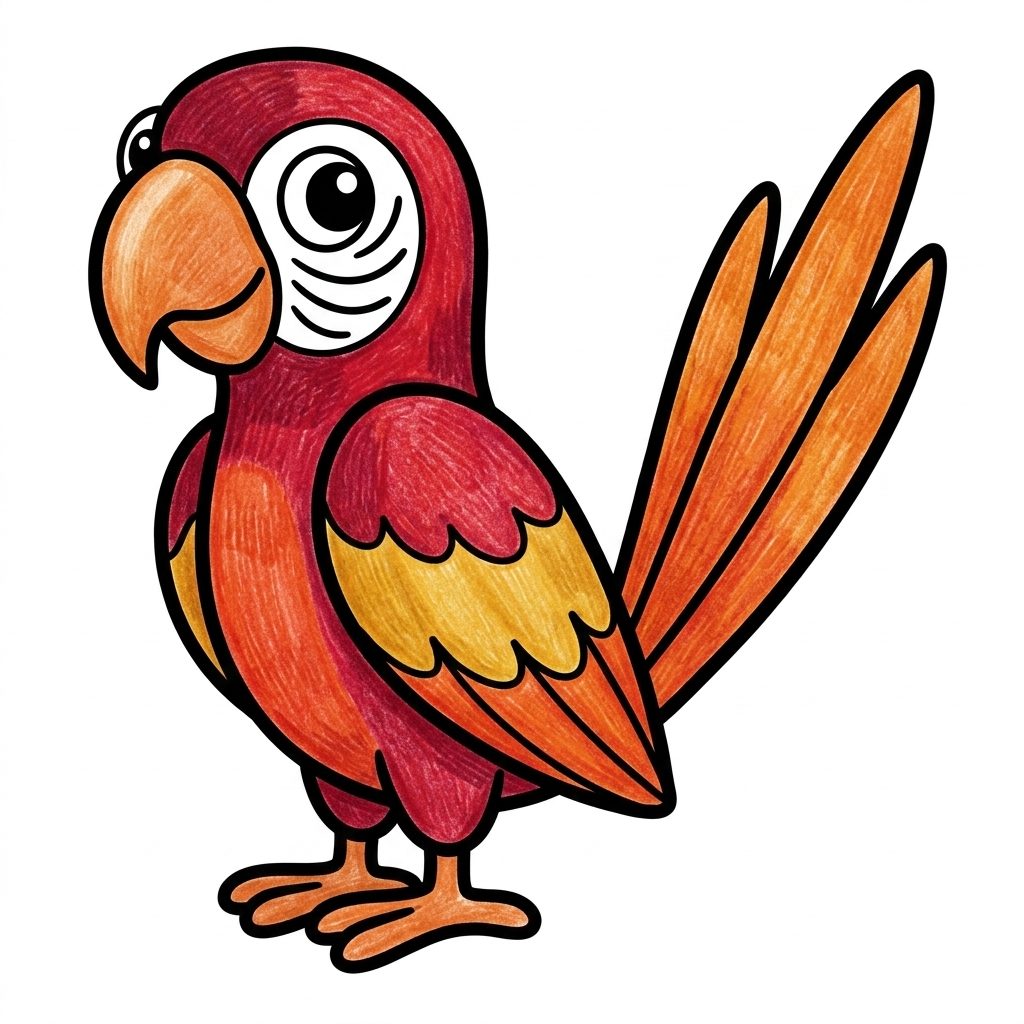 A red and orange macaw from Birds, coloured in