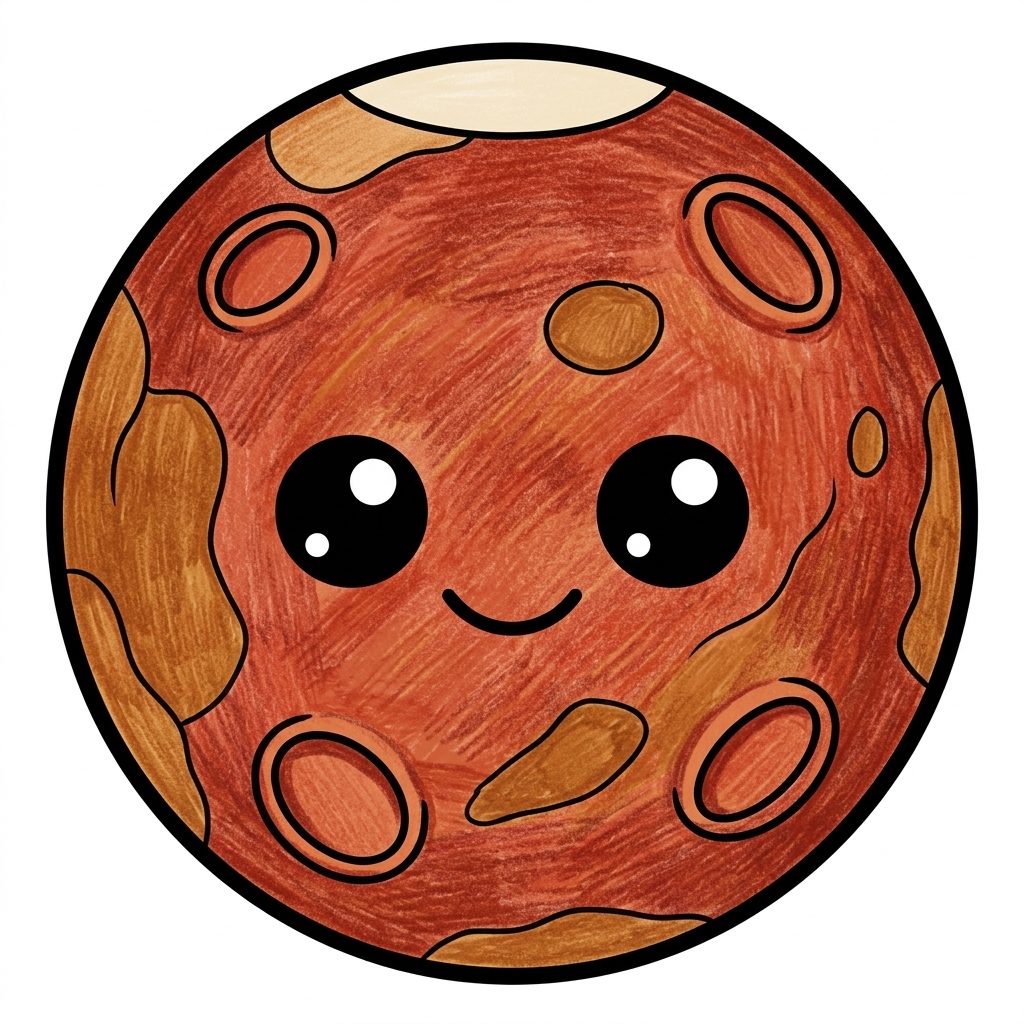 A red planet Mars from Space, coloured in