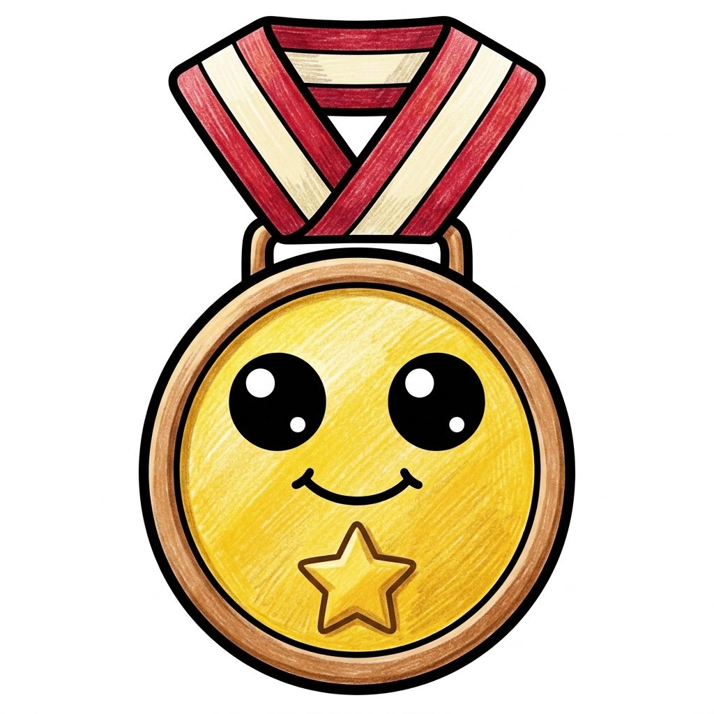 A gold medal on a red and white ribbon from Sports, coloured in