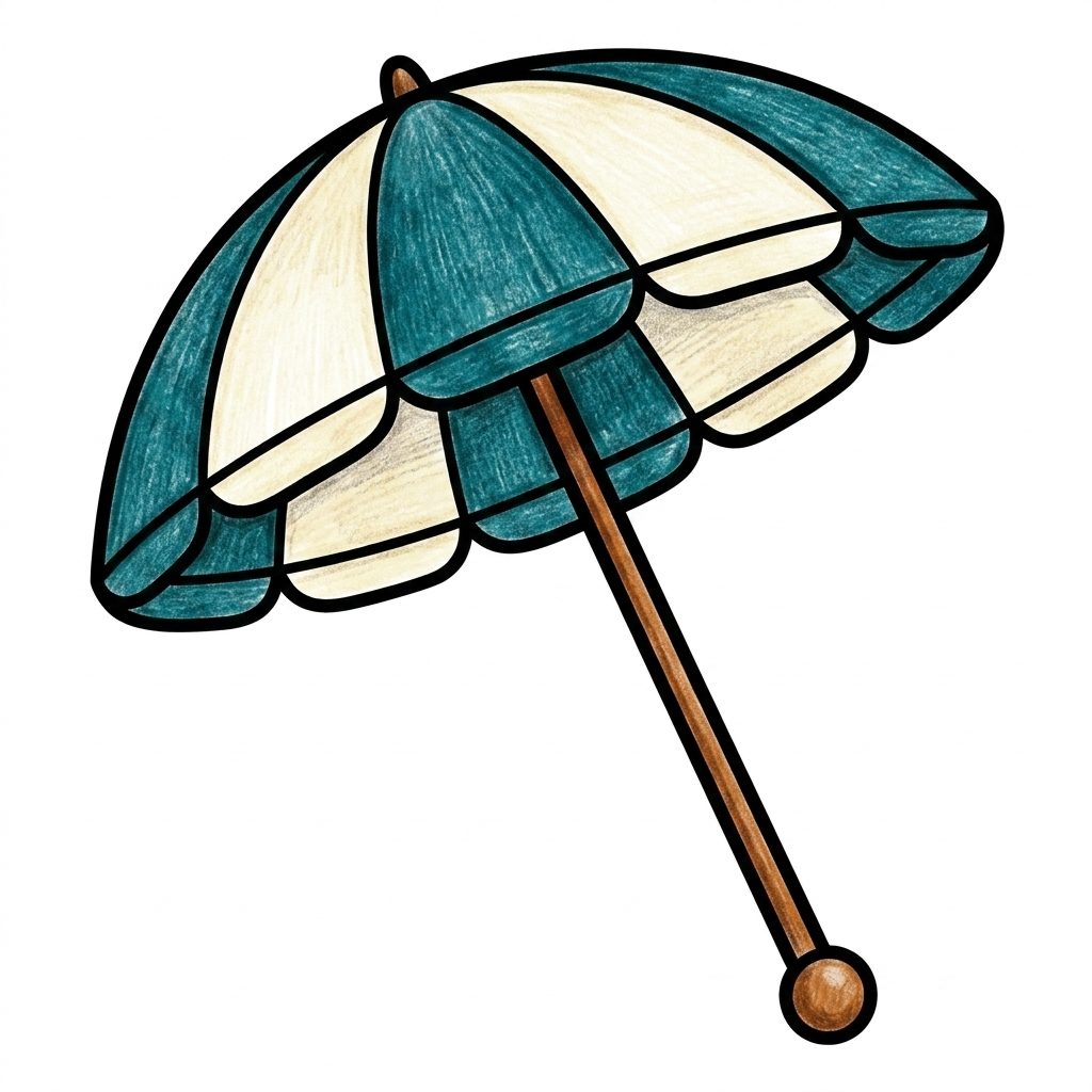 A teal and cream striped parasol from Mermaids, coloured in