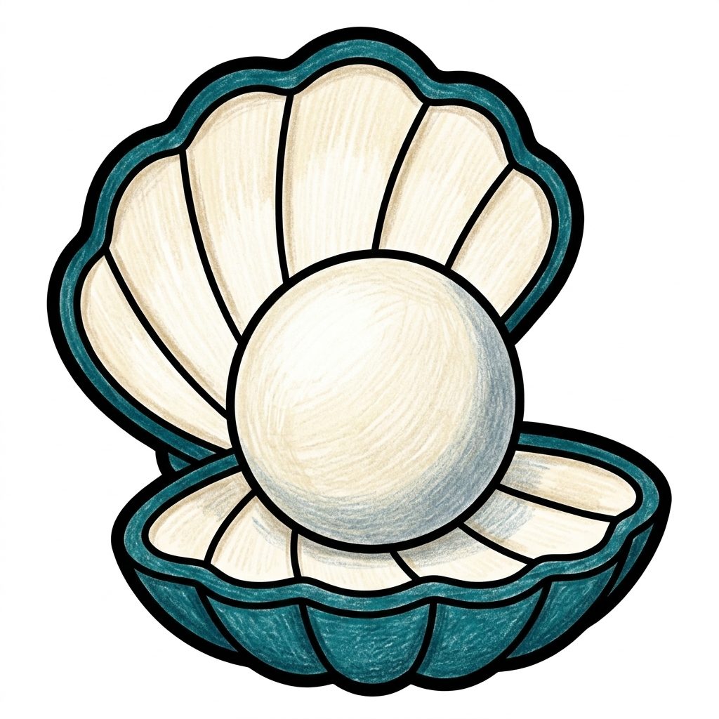 A white pearl in a teal oyster shell from Mermaids, coloured in