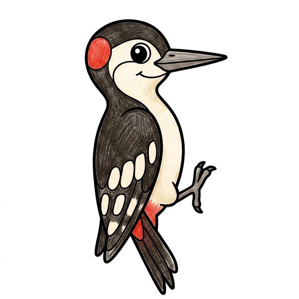 A black and white woodpecker from Birds, coloured in